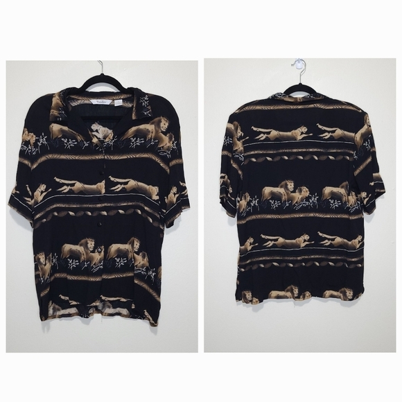 Vintage TanJay Wicked 90s Rayon Plisse Graphic Lion Print Button Up Blouse sz 10 - Picture 1 of 12